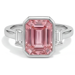Padparadscha verlovingsring 3,9 karaat echte smaragdgeslepen saffier en witte baguette lunette driesteens 14k goud