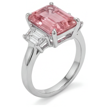 Afbeelding in Gallery-weergave laden, Padparadscha Ring 2,9 Karaat Echte Smaragdgeslepen Saffier en Witte Baguette Driesteens Glad 14k Goud
