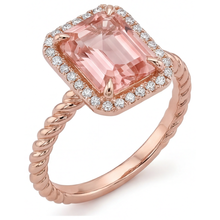Afbeelding in Gallery-weergave laden, Ring met oranje Padparadscha saffier van 2,5 karaat, halo van echte smaragd in 14K roségoud
