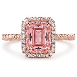 Ring met oranje Padparadscha saffier van 2,5 karaat, halo van echte smaragd in 14K roségoud