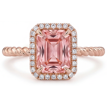 Afbeelding in Gallery-weergave laden, Ring met oranje Padparadscha saffier van 2,5 karaat, halo van echte smaragd in 14K roségoud
