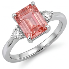 Afbeelding in Gallery-weergave laden, Smaragdslijpsel padparadscha saffier 2,9 karaat echte driesteensring 14k witgoud
