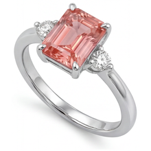 Afbeelding in Gallery-weergave laden, Smaragdslijpsel padparadscha saffier 2,9 karaat echte driesteensring 14k witgoud
