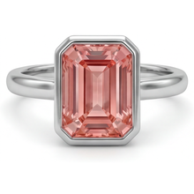 Afbeelding in Gallery-weergave laden, Perzikkleurige saffier 2,5 karaat natuurlijke smaragdgeslepen padparadscha Lunette solitairering 14K Witgoud
