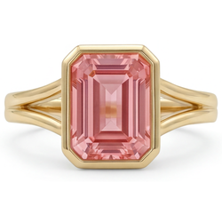 Ring van 14K geelgoud met natuurlijke padparadscha perziksaffier van 3 karaat, smaragdslijpsel, lunette en gespleten scheen
