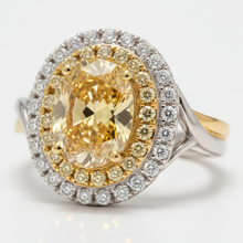 Afbeelding in Gallery-weergave laden, Verlovingsring met gele edelsteen 1,01 karaat echte ovale Fancy Intense diamant dubbele halo 18k goud
