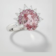 Afbeelding in Gallery-weergave laden, Verlovingsring met roze edelsteen, echte ovale fancy diamant, semi-halo, platina

