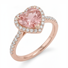 Afbeelding in Gallery-weergave laden, Padparadscha saffier ring 3,8 karaat labgekweekt hart halo gespleten band 14K roségoud
