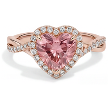 Afbeelding in Gallery-weergave laden, Padparadscha saffier ring 3,8 karaat labgekweekt hartvormige halo twist 14k roségoud
