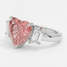 Afbeelding in Gallery-weergave laden, Padparadscha saffier ring 3,6 karaat natuurlijke hartvorm en witte baguette driesteens platina
