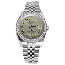 jubileum Rolex Datumjust grijze Romeinse wijzerplaat diamanten rand roestvrij stalen horloge snel ingesteld