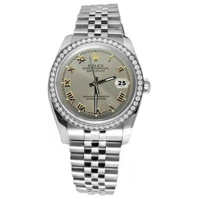 jubileum Rolex Datumjust grijze Romeinse wijzerplaat diamanten rand roestvrij stalen horloge snel ingesteld
