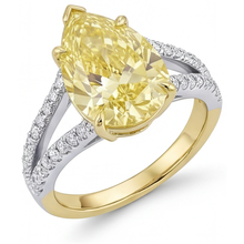 Afbeelding in Gallery-weergave laden, Druppelvormig Kanariegele Diamant ring in 14 Karaat Tweekleurig Goud – hoekaanzicht
