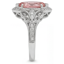 Afbeelding in Gallery-weergave laden, Perzikkleurige saffier verlovingsring 3,8 karaat labgekweekt marquise padparadscha halo 14K witgoud
