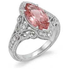 Afbeelding in Gallery-weergave laden, Perzikkleurige saffier verlovingsring 3,8 karaat labgekweekt marquise padparadscha halo 14K witgoud
