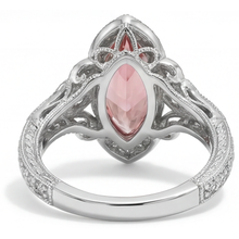 Afbeelding in Gallery-weergave laden, Perzikkleurige saffier verlovingsring 3,8 karaat labgekweekt marquise padparadscha halo 14K witgoud
