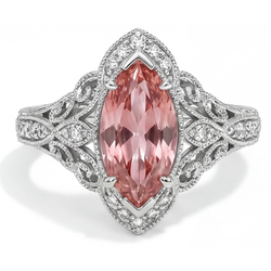 Perzikkleurige saffier verlovingsring 3,8 karaat labgekweekt marquise padparadscha halo 14K witgoud