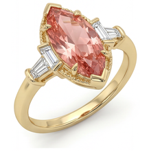 Afbeelding in Gallery-weergave laden, Verlovingsring met perzikkleurige saffier 4,1 karaat labgekweekt marquise padparadscha en witte baguette driesteens kathedraal 14k geelgoud
