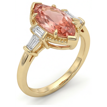 Afbeelding in Gallery-weergave laden, Padparadscha saffier ring 4,1 karaat labgekweekt marquise en witte baguette driesteens glad 14K geelgoud
