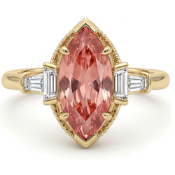 Padparadscha saffier ring 4,1 karaat labgekweekt marquise en witte baguette driesteens glad 14K geelgoud