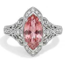 Vintage halo ring van 14k witgoud met 3,8 karaat labgekweekte marquise padparadscha perziksaffier