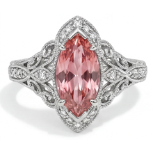 Afbeelding in Gallery-weergave laden, Vintage halo ring van 14k witgoud met 3,8 karaat labgekweekte marquise padparadscha perziksaffier
