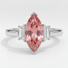 Afbeelding in Gallery-weergave laden, Perzikkleurige saffier 3,1 karaat echte marquise padparadscha en witte baguette driesteenring platina
