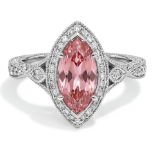 Afbeelding in Gallery-weergave laden, Perzikkleurige saffier ring 2,3 karaat echte marquise padparadscha halo gespleten ringband 14K witgoud
