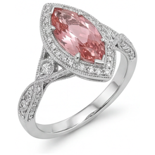 Afbeelding in Gallery-weergave laden, Perzikkleurige saffier ring 2,3 karaat echte marquise padparadscha halo gespleten ringband 14K witgoud
