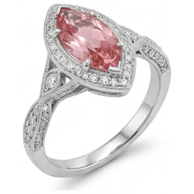 Afbeelding in Gallery-weergave laden, Perzikkleurige saffier ring 2,3 karaat echte marquise padparadscha halo gespleten ringband 14K witgoud
