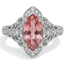 Afbeelding in Gallery-weergave laden, Echte perzikkleurige padparadscha-saffier 2,3 karaat marquise halo ring met gespleten scheen in 14k witgoud
