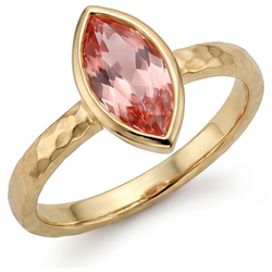 Perziksaffier verlovingsring 2 karaat natuurlijke marquise padparadscha lunette solitair 14k geelgoud