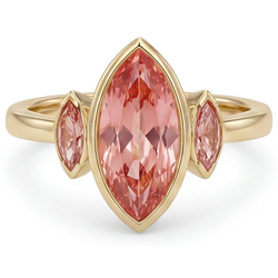 Perzikkleurige saffier verlovingsring 3 karaat echte marquise padparadscha lunette drie stenen 14k geelgoud