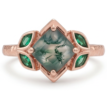 Afbeelding in Gallery-weergave laden, Moss Agate Princess Edelsteen Ring in 14K Rosé Goud – vooraanzicht

