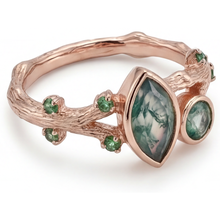 Afbeelding in Gallery-weergave laden, Moss Agate Marquise Slijpvorm Sieraadsteen Ring in 14K Rosé Goud – zijaanzicht
