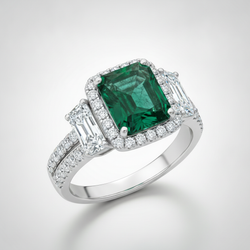 Smaragd Aanzoeksring Natuurlijke Muzo Cadillac Halo Driesteens Platina