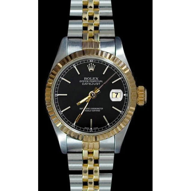 oester eeuwigdurende blauwe stok wijzerplaat roestvrij staal en goud Rolex dames datumjust horloge
