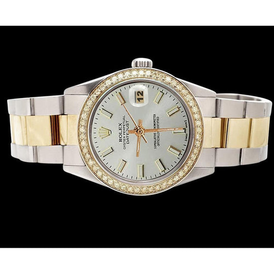oester roestvrij staal & Geelgoud Rolex Horloge Witte stok Wijzerplaat Datumjust SNELLE INSTELLING
