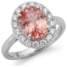 Afbeelding in Gallery-weergave laden, Padparadscha saffier ring 4,3 karaat labgekweekt ovaal Halo 14K witgoud
