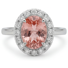 Afbeelding in Gallery-weergave laden, Padparadscha saffier ring 4,3 karaat labgekweekt ovaal Halo 14K witgoud
