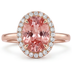 Ring met perziksaffier 2,8 karaat natuurlijke ovale padparadscha Halo gladde band 14k Roségoud