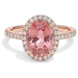 Vintage Padparadscha Saffier Ring 2,8 Karaat Echte Ovale Halo Pavé 14K Roségoud