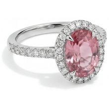 Afbeelding in Gallery-weergave laden, Perzikkleurige saffier verlovingsring 2,8 karaat natuurlijke ovale padparadscha halo 14K witgoud
