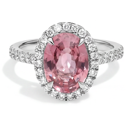 Perzikkleurige saffier verlovingsring 2,8 karaat natuurlijke ovale padparadscha halo 14K witgoud