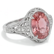 Afbeelding in Gallery-weergave laden, Natuurlijke Padparadscha Saffier Ring 3,3 Karaat Ovaal Pavé 14K Witgoud
