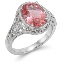 Afbeelding in Gallery-weergave laden, Natuurlijke Padparadscha Saffier Ring 3,3 Karaat Ovaal Pavé 14K Witgoud
