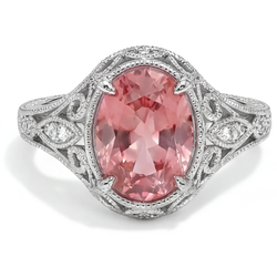 Natuurlijke Padparadscha Saffier Ring 3,3 Karaat Ovaal Pavé 14K Witgoud
