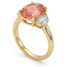 Afbeelding in Gallery-weergave laden, Perzikkleurige saffier verlovingsring 2,9 karaat echte ovale padparadscha en witte halvemaan driesteens 14K geelgoud
