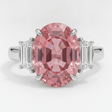 Afbeelding in Gallery-weergave laden, Padparadscha saffier ring 3,6 karaat echte ovaal en witte trapeze driesteens platina
