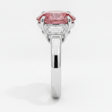 Afbeelding in Gallery-weergave laden, Padparadscha saffier ring 3,6 karaat echte ovaal en witte trapeze driesteens platina
